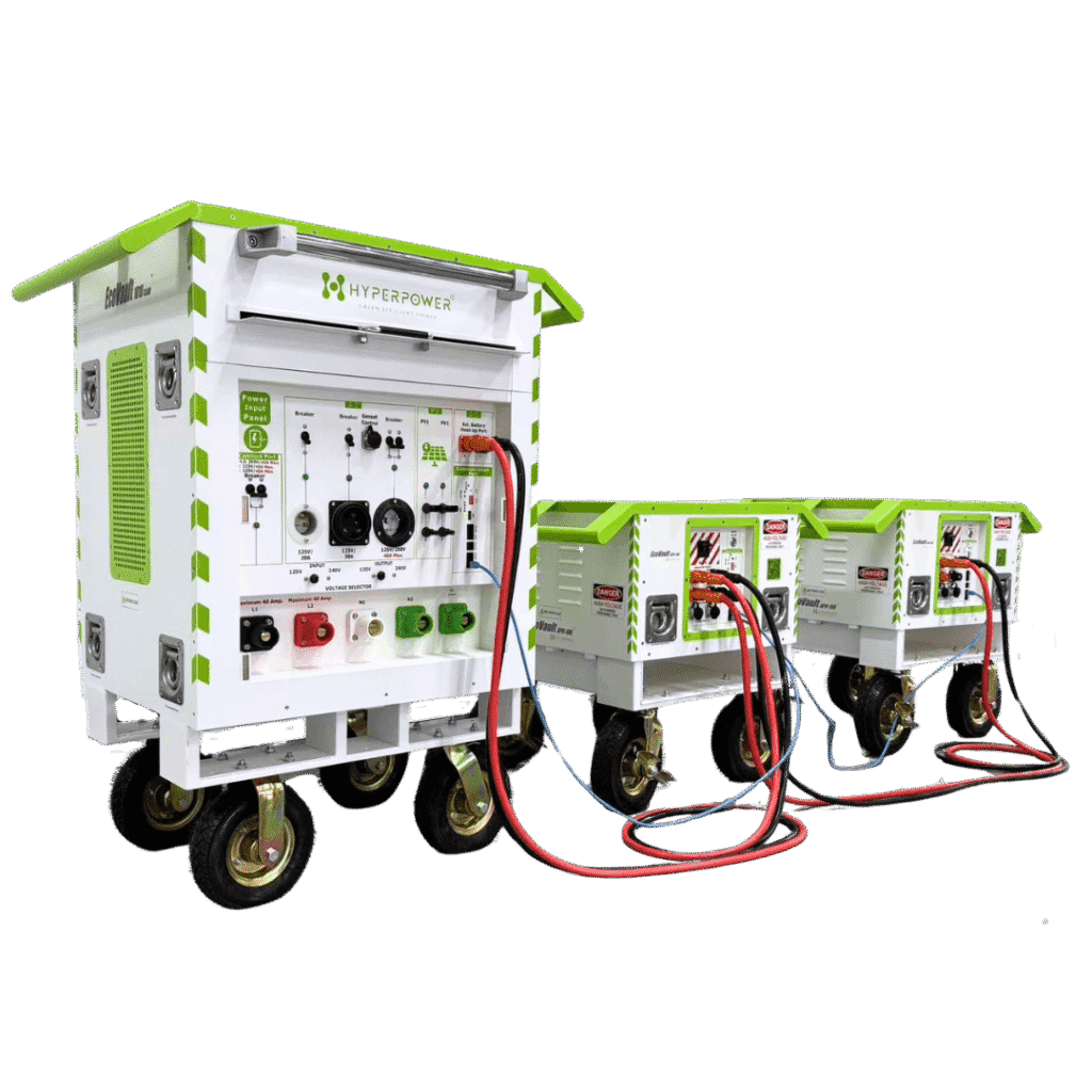 HyperPower lithium battery systems EcoVault APU-10K and 1010 in outdoor deployment.