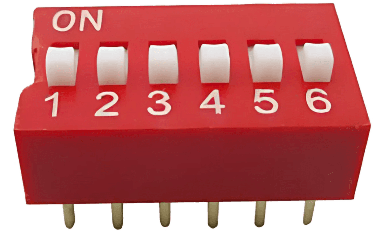 Dipswitch component for EcoVault 1010 and EcoVault APU-10K by Hyperpower, enabling unit configuration, battery sequencing, and LIFO power management in modular energy storage systems