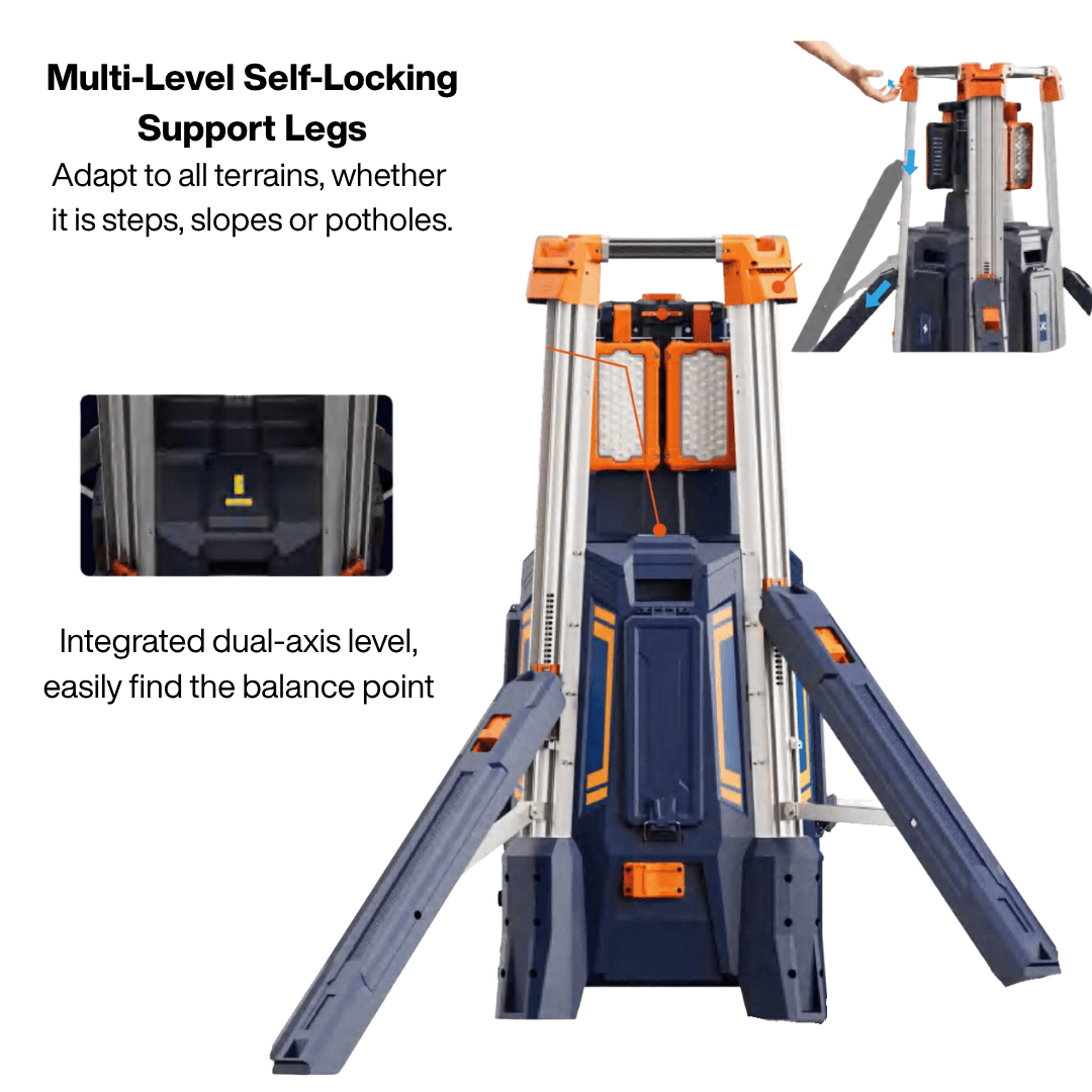 110 lbs-class light tower for single-person rapid deployment on job sites