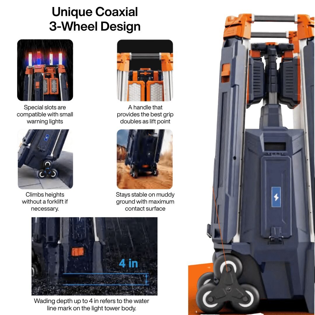 110 lbs-class light tower for single-person rapid deployment on job sites