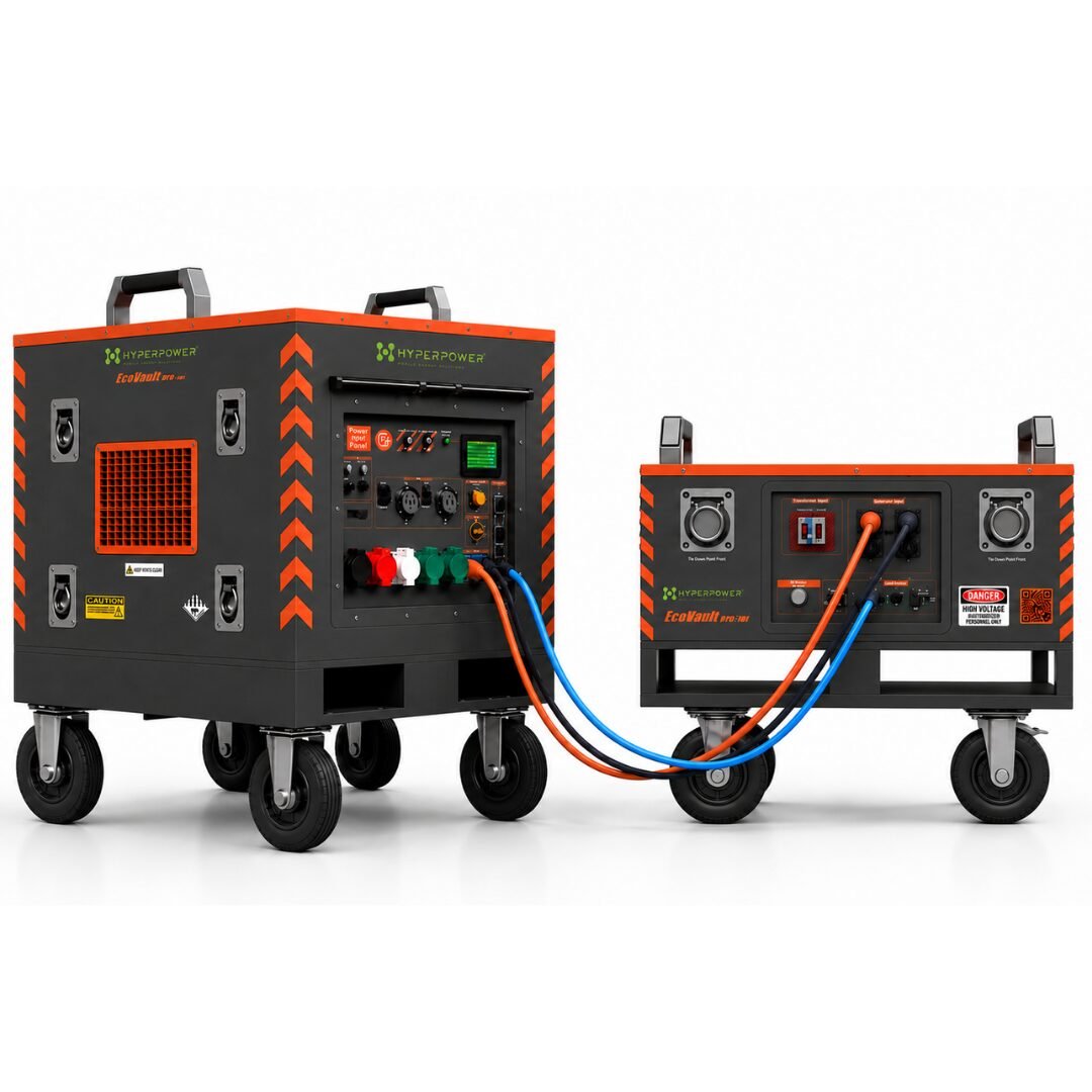 EcoVault 1010 and EcoVault APU-10K mobile battery systems supporting professional off-grid power applications.