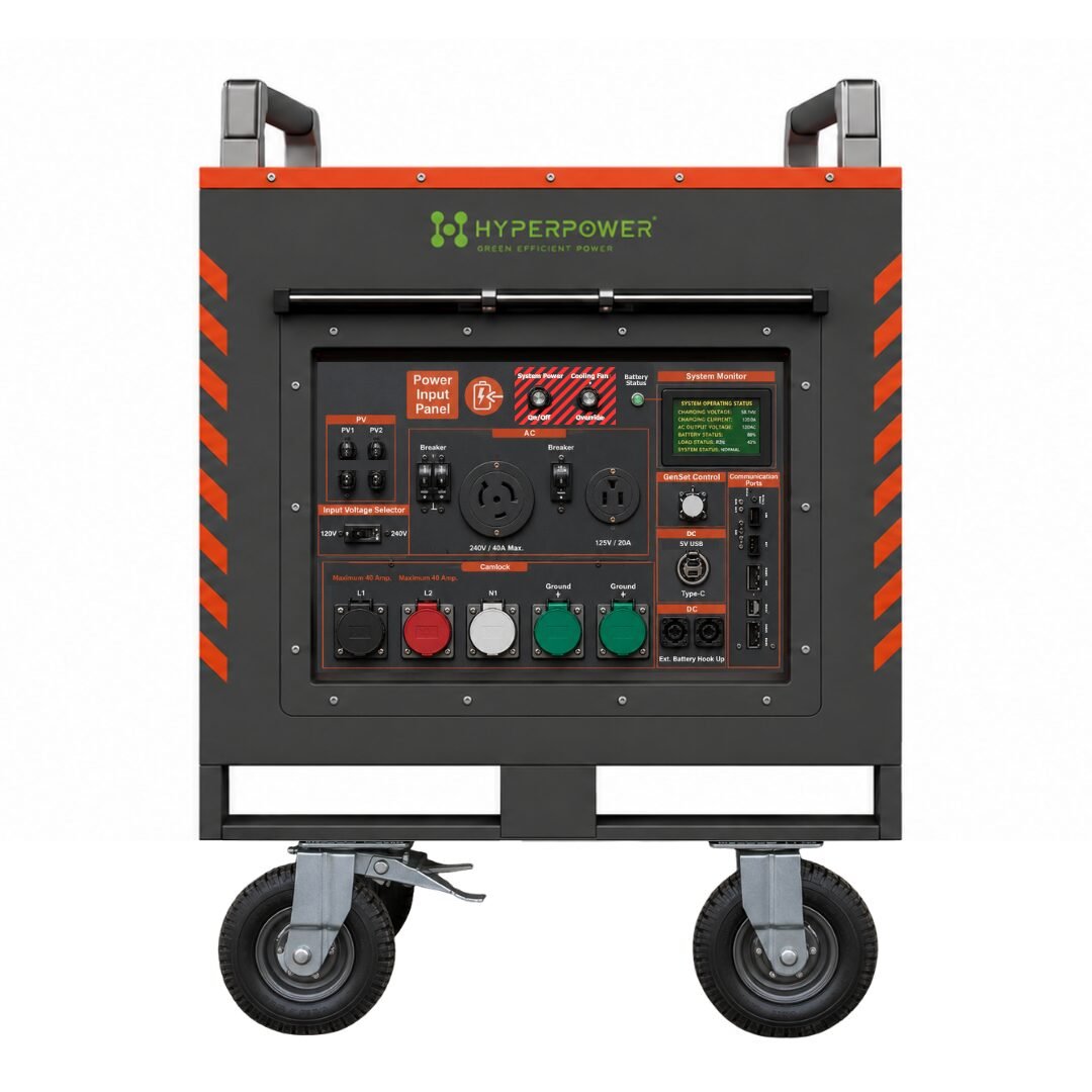 HyperPower EcoVault 1010 6th Generation stackable mobile battery power station with integrated caster cup system for optimized storage and transport.