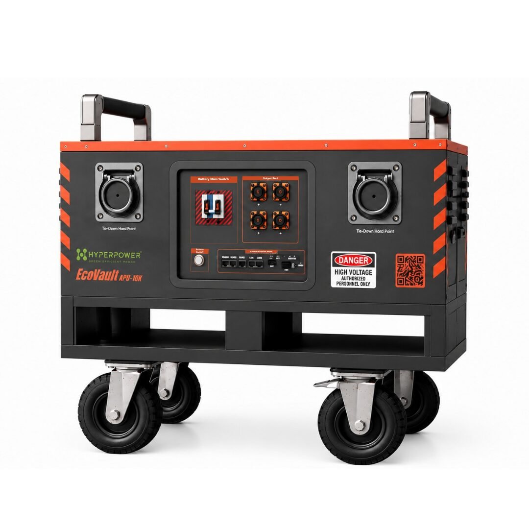 HyperPower EcoVault APU-10K 6th Generation expandable LiFePO₄ battery pack with rugged steel chassis, industrial casters, forklift pockets, and stackable design.