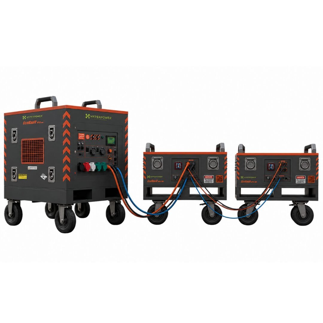 Front view of the HyperPower EcoVault 1010 6th Generation mobile battery power station showing the integrated power distribution panel and rugged industrial chassis.