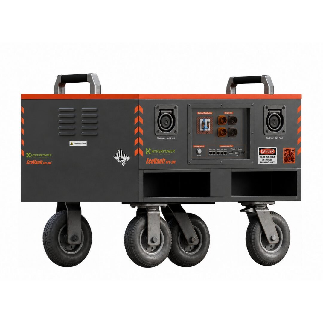 Rear view of the HyperPower EcoVault APU-10K 6th Generation showing industrial battery enclosure and rugged chassis.
