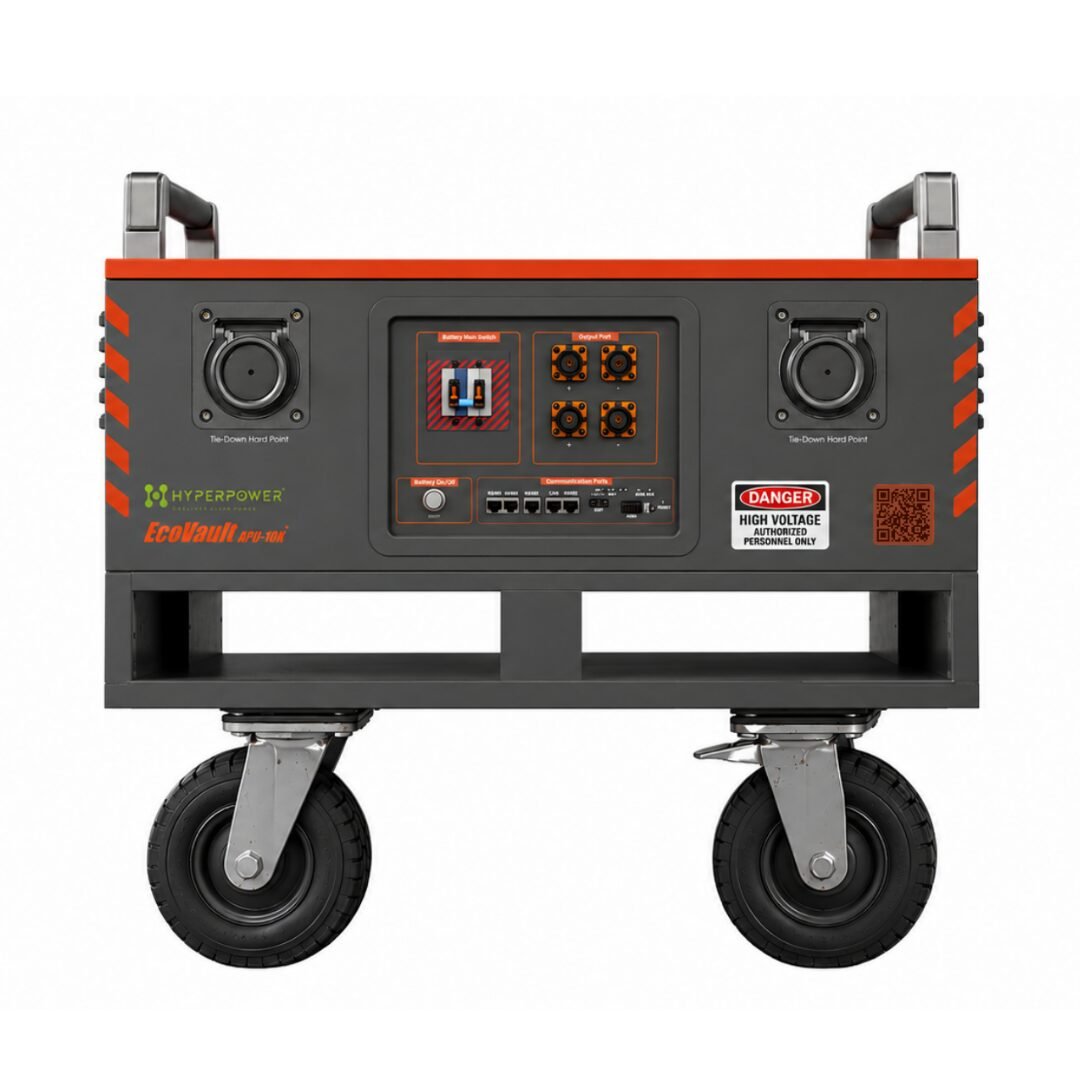Front view of the HyperPower EcoVault APU-10K 6th Generation expandable battery pack with industrial steel enclosure and integrated battery connections.