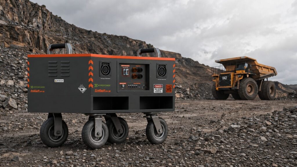 HyperPower EcoVault APU-10K equipped with heavy-duty industrial rubber casters for mobile deployment.