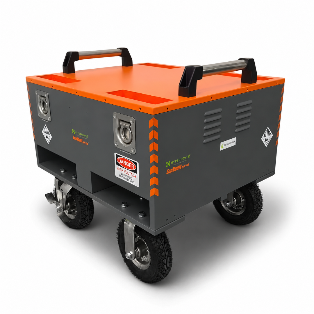 Multiple EcoVault APU-10K battery packs connected for scalable mobile energy storage