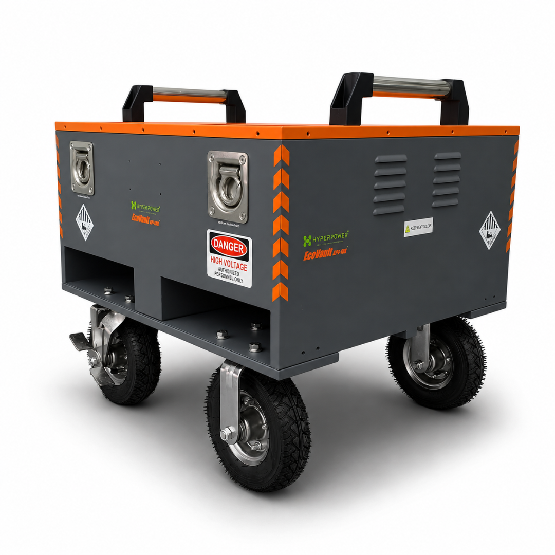 EcoVault APU-10K mobile battery powering equipment on a film production set