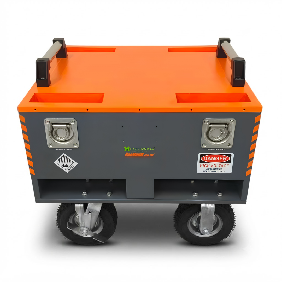 EcoVault APU-10K zero-emission mobile battery power station in studio view