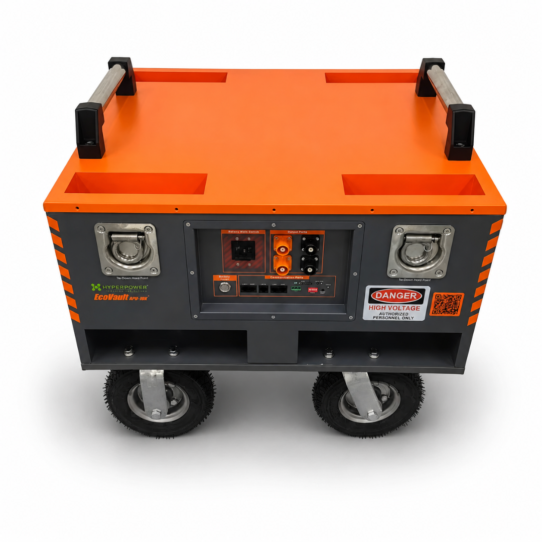 EcoVault APU-10K front view showing control panel and high-voltage safety label