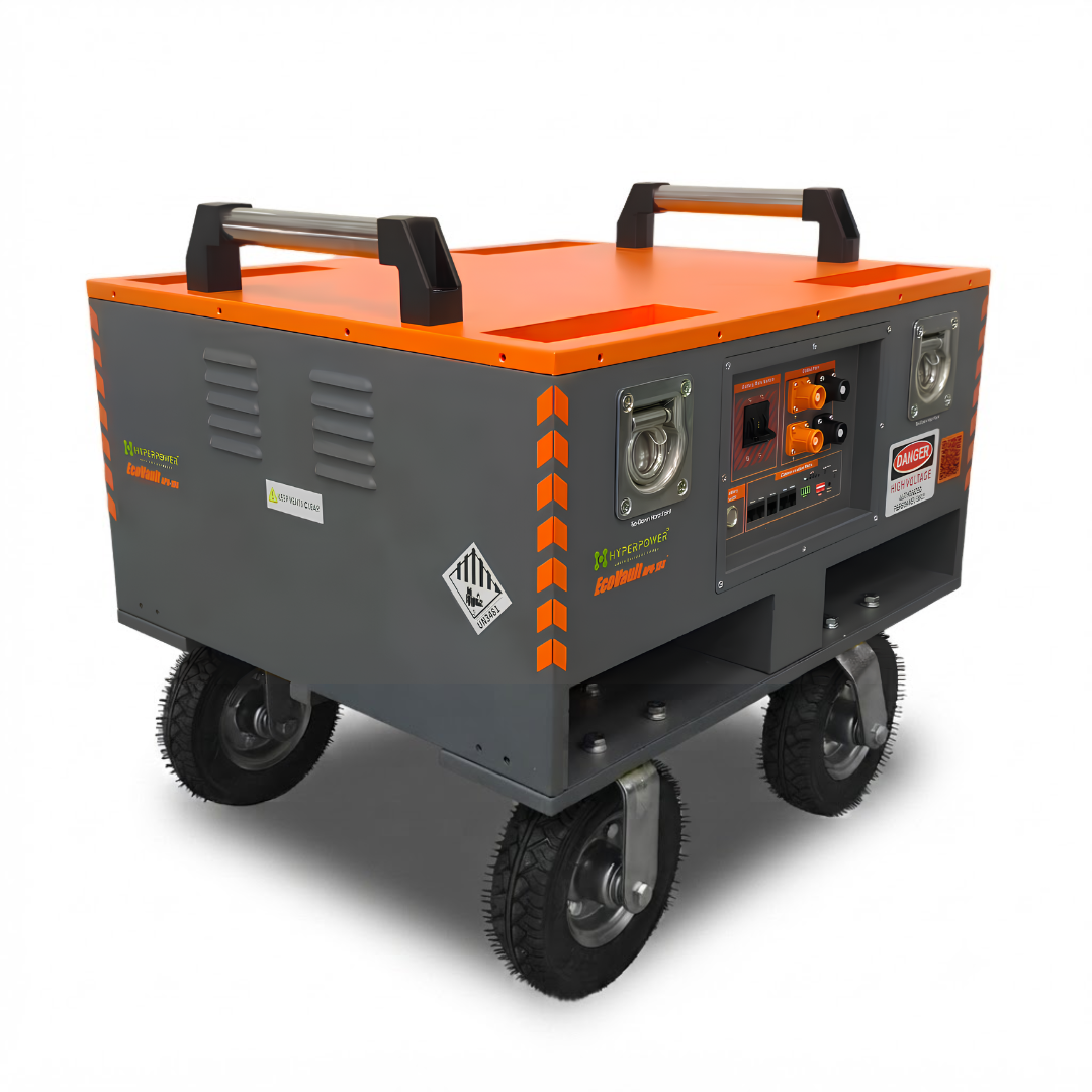 EcoVault APU-10K rear view with ventilation, safety labels, and mobile chassis