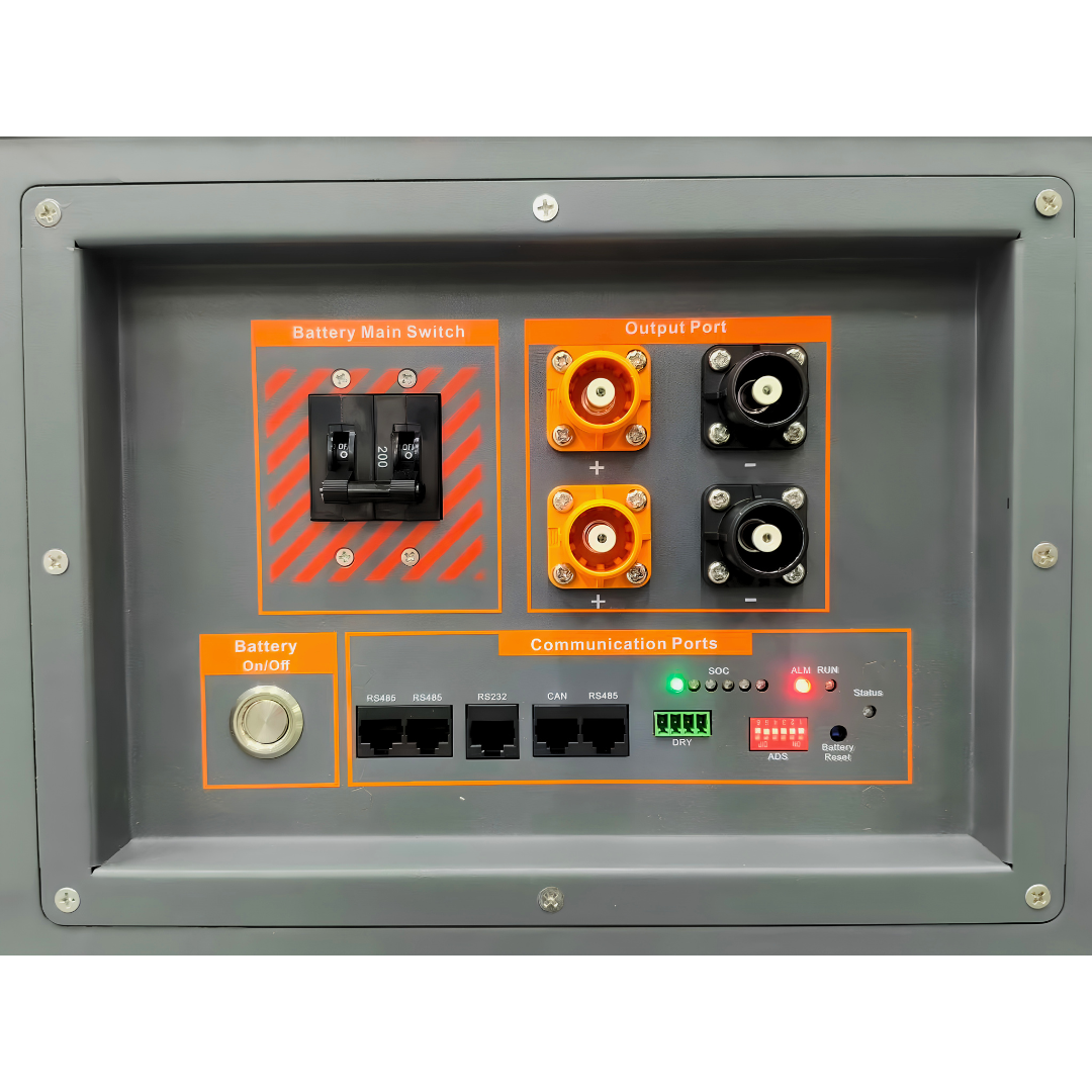 EcoVault APU-10K control panel with battery switch, output ports, and communication ports